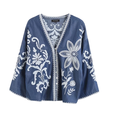 Camicia in Denim con Ricamo Floreale Vintage da Donna Scollo a V con Pizzo Tencel Blusa a Maniche Lunghe Etnica Casual