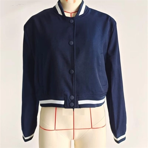Women Casual Varsity Jacket Short Bomber Coat Y2K Streetwear Slim Fit Polyester Striped Rib Trim Button Up Outerwear