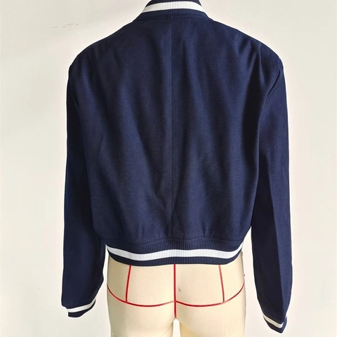 Women Casual Varsity Jacket Short Bomber Coat Y2K Streetwear Slim Fit Polyester Striped Rib Trim Button Up Outerwear