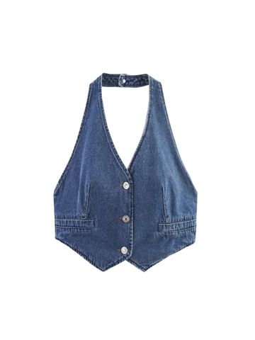Gilet in Denim da Donna Scollo a V Allacciato al Collo Sexy Senza Maniche Crop Top Retro Streetwear Blu Denim