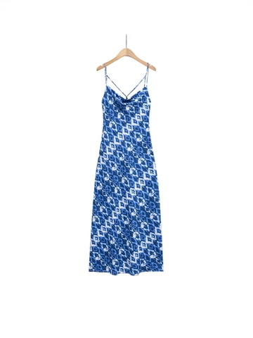 Damen Französisches Bedrucktes Rückenfreies Maxikleid Sexy Wasserfall-Ausschnitt Sommer Böhmisches Ärmelloses Satin-Gefühl Slip-Kleid