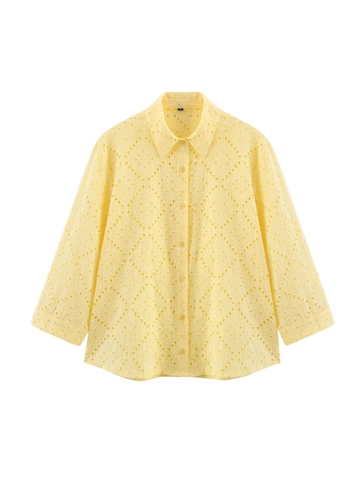 Chemisier Décontracté en Mélange de Coton pour Femmes avec Broderie Anglaise Revers Simple Boutonnage Manches Longues