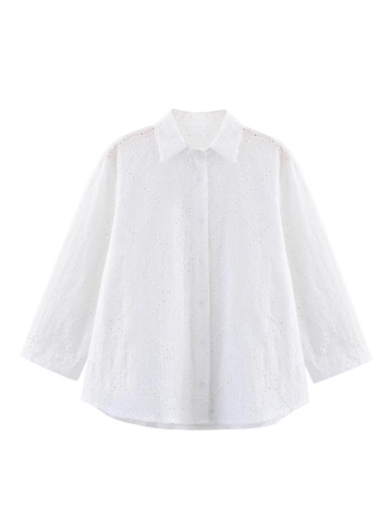 Chemisier Décontracté en Mélange de Coton pour Femmes avec Broderie Anglaise Revers Simple Boutonnage Manches Longues