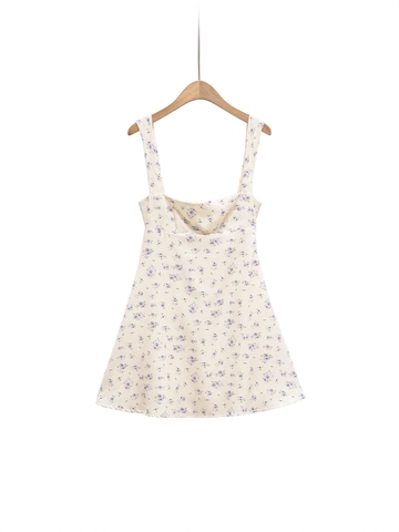 Dames Zoete Franse Bloemen Mini Jurk Vierkante Hals Knoop Op De Rug A-Lijn Mouwloos Crème Paars Zomerjurk