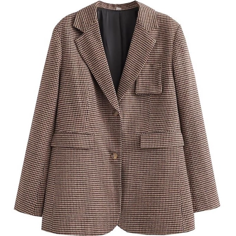 Women Vintage Brown Houndstooth Blazer Single Breasted Notched Lapel Slim Fit Pocket Suit Jacket Office Street Fashion Coat
