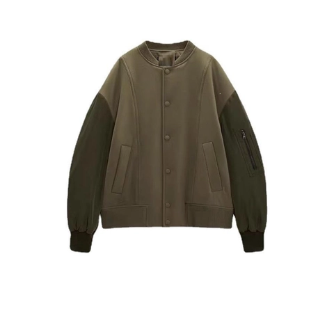 Γυναικείο Casual Patchwork Bomber Jacket Vintage Olive Green Χαλαρή Ζακέτα Πτήσης Με Τσέπη Φερμουάρ Στο Μανίκι Κούμπωμα Ribbed