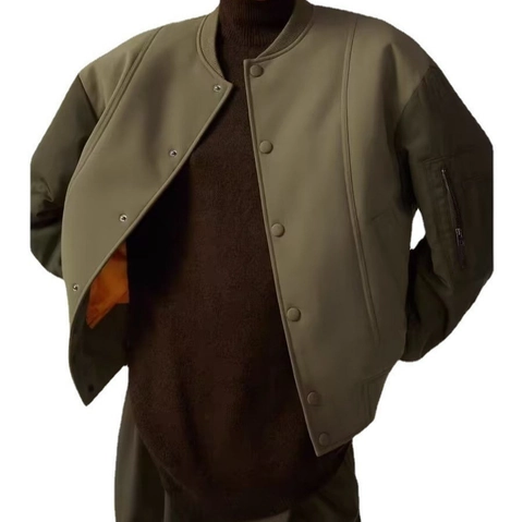 Γυναικείο Casual Patchwork Bomber Jacket Vintage Olive Green Χαλαρή Ζακέτα Πτήσης Με Τσέπη Φερμουάρ Στο Μανίκι Κούμπωμα Ribbed