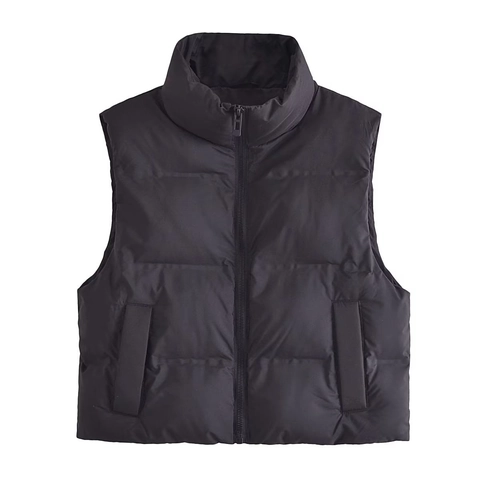 Gilet Matelassé Femme Y2K Style de Rue Col Montant Fermeture Éclair Veste Courte Sans Manches Couleur Unie Avec Poches