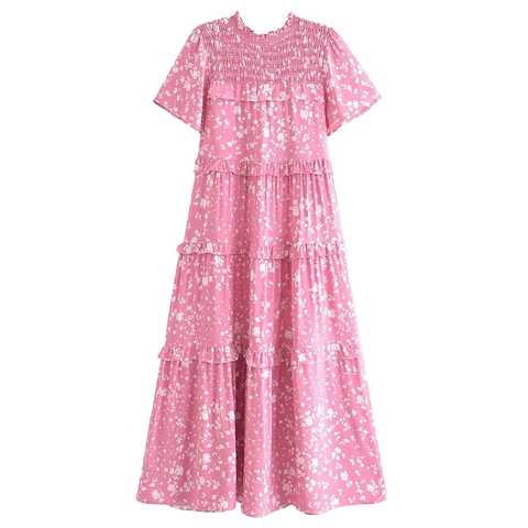 Vestito Maxi Floreale Rosa da Donna in Viscosa Arricciato a Balze con Maniche Corte a Volant Boho Estate