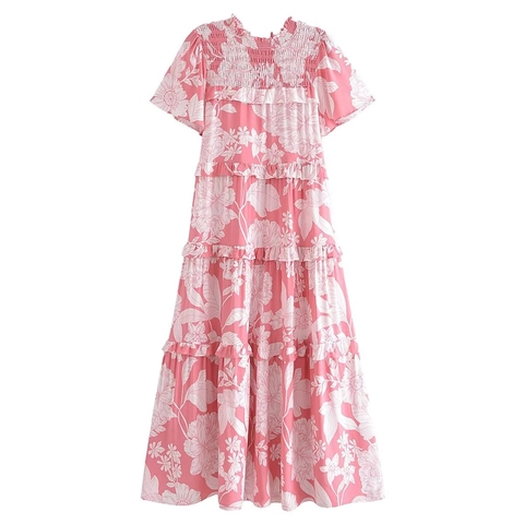 Vestito Lungo Maxi da Donna in Viskosa con Stampa Floreale Estiva Manica Corta Punto Smock a Balze Casual per Spiaggia