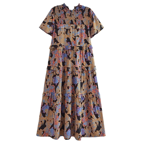 Abito Maxi in Viscosa a Fiori Bohémien Manica Corta Punto Smock Gonna a Strati con Volant Casual Abito Estivo per Vacanze