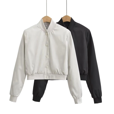 Dames Y2K Cropped Bomberjack Minimalistische Satin-afwerking Streetwear Winddichte Jas Korte Lengte Drukknopen