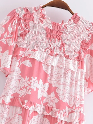 Vestito Lungo Maxi da Donna in Viskosa con Stampa Floreale Estiva Manica Corta Punto Smock a Balze Casual per Spiaggia