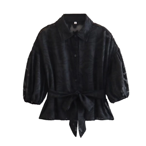 Damen Schwarz Jacquard Puffärmel Hemd Mode Revers Einreihige Bluse Mit Schleife Gürtel Retro Nische Kurzarm Top