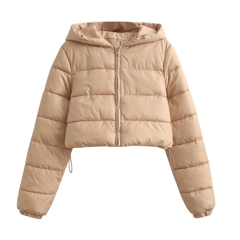 Women Casual Short Hooded Puffer Jacket Cropped Quilted Cotton Padded Coat Long Sleeve Warm Windproof Puffer Outerwear