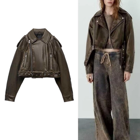 Chaqueta Biker de Cuero Sintético Vintage para Mujer Chaqueta Corta PU Degradado con Cinturón Cremallera Solapa Punk