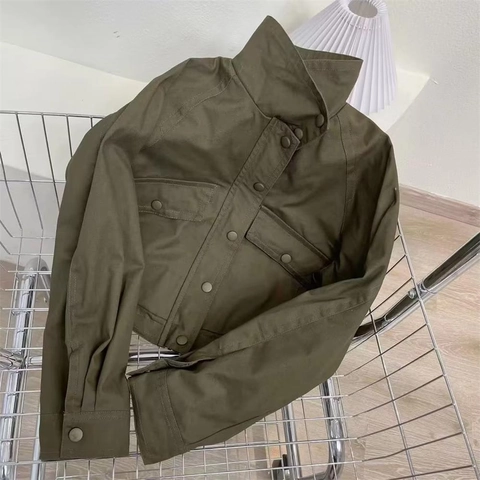 Damen Y2K Militärgrün Workwear Jacke Stehkragen Druckknopf Kurze Cargo Mantel Mit Taschen Winddicht Outerwear