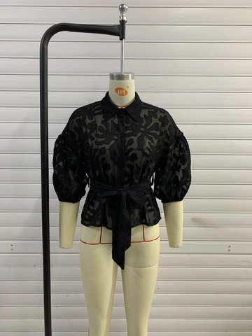 Damen Schwarz Jacquard Puffärmel Hemd Mode Revers Einreihige Bluse Mit Schleife Gürtel Retro Nische Kurzarm Top