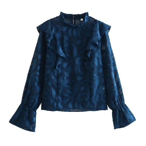Vintage Rüschen Stehkragen Jacquard Bluse Elegant Transparent Gestuft Langarm Hemd Für Damen Marineblau Designer Tops