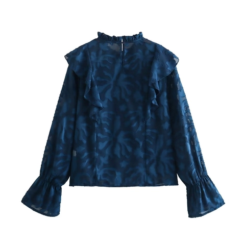 Vintage Rüschen Stehkragen Jacquard Bluse Elegant Transparent Gestuft Langarm Hemd Für Damen Marineblau Designer Tops