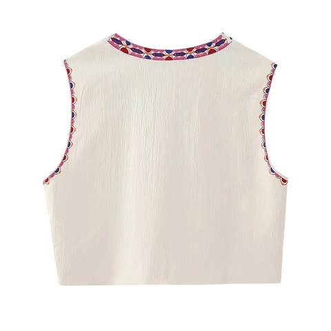 Damen Ethnisch Blumenstickerei Ärmellos Weste Bohemian Vintage Vorne Offen Weste Casual Sommer Kurz Crop Top