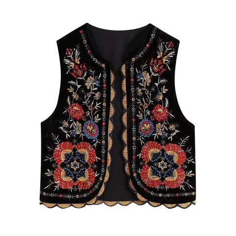 Gilet da Donna in Velluto con Ricamo Floreale Etnico Vintage Senza Maniche Bordo Smerlato Paillettes Aperto sul Davanti Bohemian