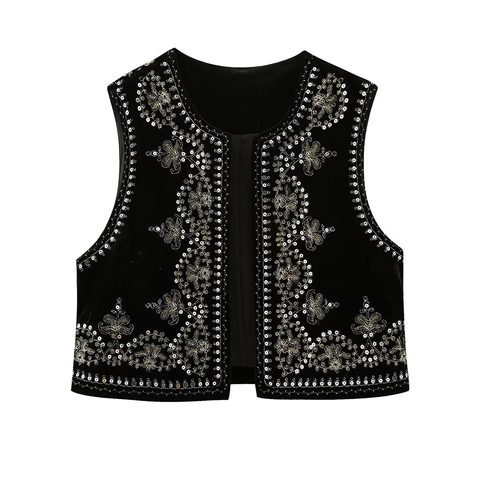 Gilet Vintage en Velours pour Femmes Brodé de Paillettes Sans Manches Floral Style Ethnique Court
