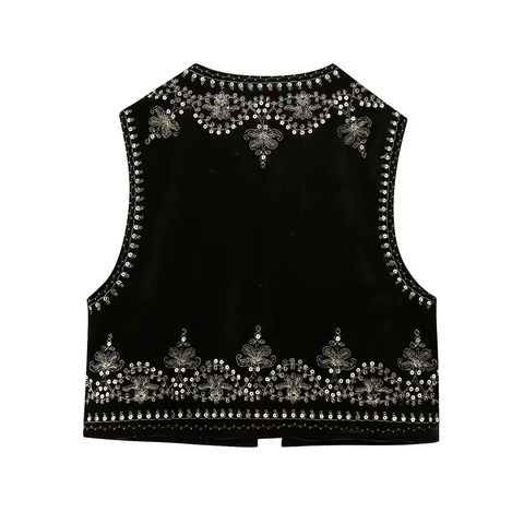 Women Vintage Velvet Sequin Embroidery Vest Ethnic Open Front Sleeveless Waistcoat Short Jacket Gold Silver Beaded Top
