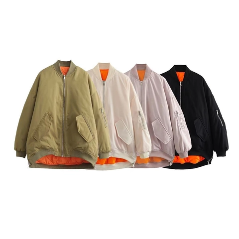 Chaqueta Bomber Oversize para Mujer Y2K Forro de Contraste Acolchada MA-1 Manga Fruncida Streetwear Resistente al Viento Abrigo Algodón