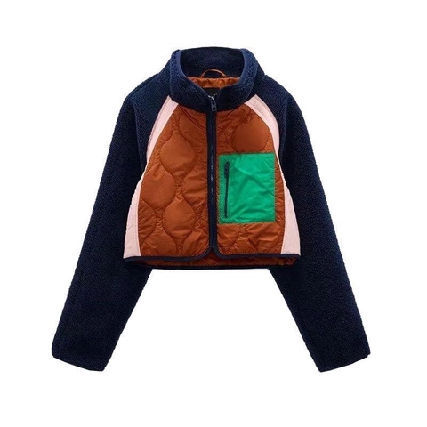 Chaqueta Acolchada de Vellón con Patchwork de Bloques de Color Y2K para Mujer Retro Cuello Alto Bolsillo Cremallera Abrigo Corto Casual