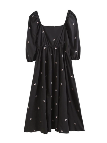 Vintage French Black Floral Embroidery Midi Dress Square Neck Puff Sleeve High Waist A-Line Dress For Women Y2K Streetwear