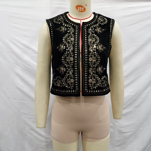 Gilet Vintage en Velours pour Femmes Brodé de Paillettes Sans Manches Floral Style Ethnique Court