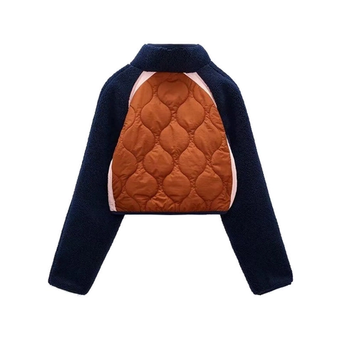 Chaqueta Acolchada de Vellón con Patchwork de Bloques de Color Y2K para Mujer Retro Cuello Alto Bolsillo Cremallera Abrigo Corto Casual