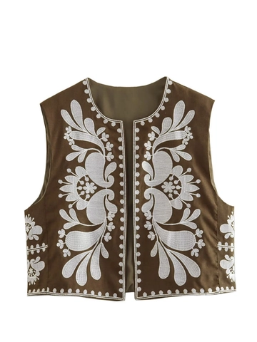 Damen Ethno Weste Mit Blumenstickerei Vintage Braun Ärmellos Offene Front Kurze Bohemian Oberbekleidung Weste Top
