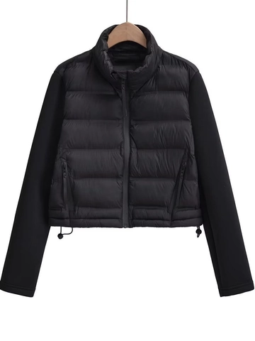 Women Casual Spliced Padded Jacket Stand Collar Quilted Puffer Jacket Cropped Zipper Coat With Adjustable Hem