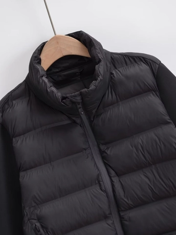 Women Casual Spliced Padded Jacket Stand Collar Quilted Puffer Jacket Cropped Zipper Coat With Adjustable Hem