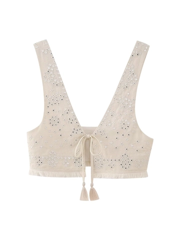 Damen Bohemian Pailletten Stickerei Quasten Weste Vintage Ethno Beige V-Ausschnitt Ärmelloses Fransen Kurz Crop Top