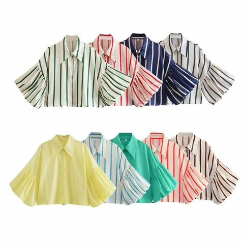 Camisa de Manga Corta a Rayas Y2K para Mujer Manga de Linterna Suelta Blusa de Popelina Verano Un Solo Pecho Casual Ropa de Calle Top