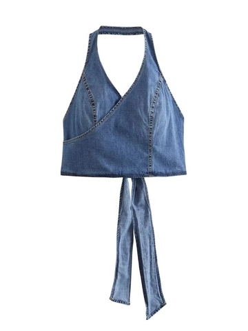 Y2K Vintage Halter Denim Wickel Crop Top Für Damen Blau V-Ausschnitt Rückenfrei Bindung Bandage Sommer Ärmellose Weste Top