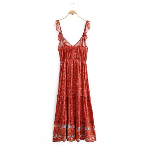 Boheemse V-Hals Ruffle Maxi Jurk Voor Vrouwen Zomer Bloemenprint Gelaagde Camisole Vakantie Strand Lange Jurk