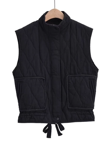 Gilet Matelassé pour Femme Col Montant Veste Sans Manches Streetwear Décontracté Gilet en Coton Avec Poches Cordon de Serrage