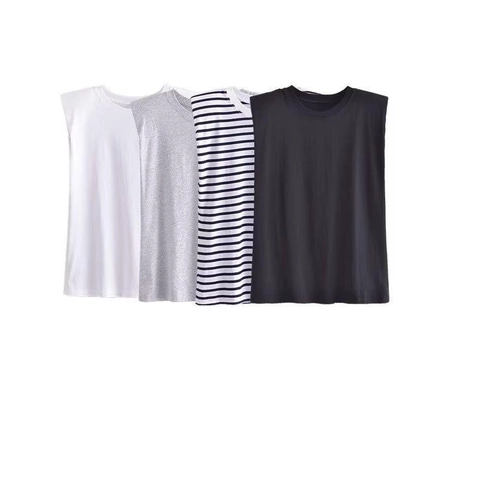Damen Ärmelloses T-Shirt Mit Schulterpolstern Rundhalsausschnitt Lässiges Lockeres Muscle Tee Polyester Einfarbig Gestreift Sommer Top