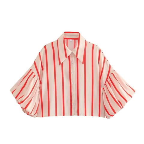 Women Striped Shirt Polyester Puff Lantern Sleeve Button Up Cropped Casual Fashion Vintage Blouse Top