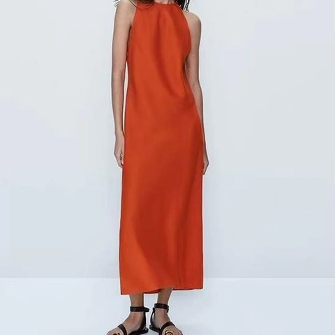 Vestido Largo Sin Mangas Cuello Halter para Mujer Mezcla de Rayón y Lino Abertura Lateral Casual Vacaciones Fiesta Color Sólido