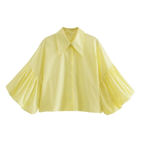 Camisa de Manga Corta a Rayas Y2K para Mujer Manga de Linterna Suelta Blusa de Popelina Verano Un Solo Pecho Casual Ropa de Calle Top