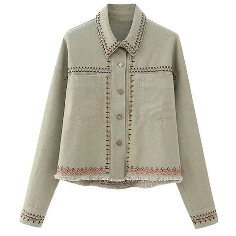 Veste Femme Broderie Ethnique à Franges Ample à Revers Simple Boutonnage Manches Longues Manteau Court Décontracté avec Poches