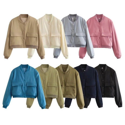 Giacca Bomber Donna Tinta Unita Casual Collo Rialzato Bottoni a Pressione Corta Con Tasche Moda Y2K Streetwear Cappotto