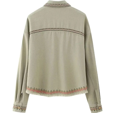 Veste Femme Broderie Ethnique à Franges Ample à Revers Simple Boutonnage Manches Longues Manteau Court Décontracté avec Poches