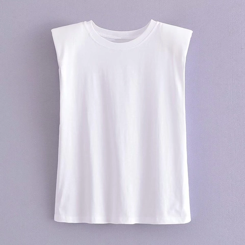 Women Cotton Sleeveless T-Shirt Round Neck Shoulder Pads Casual Street Style Muscle Tee Tank Top Solid Striped