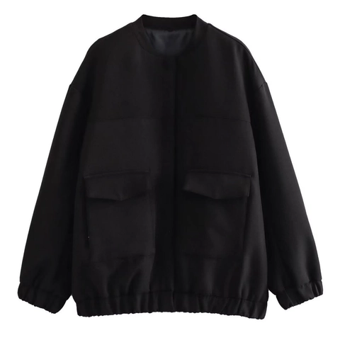 Women's Loose Bomber Jacket Urban Casual Utility Jacket 100% Polyester Stand Collar Solid Color Outerwear With Large Pockets